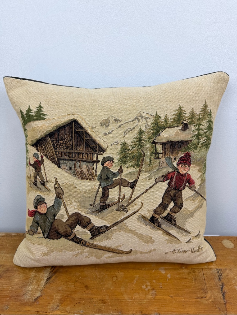 Hines A. Terra Vecchia Alpine Skiing Tapestry Feather Pillow England